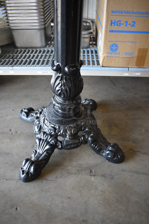 Black Tabletop on 3 Black Metal Ornate Bar Height Table Bases. 142x23.5x43 - Image 3 of 4