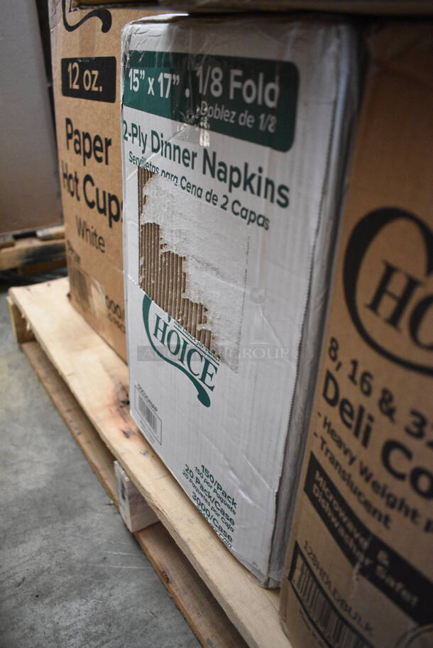 PALLET LOT of 27 BRAND NEW Boxes Including 966UPWIDEKFT-500 OneUp by Choice Kraft 2-Ply Wide Interfold 6 1/2" x 8 1/2" Dispenser Napkin - 6000/Case, 50012W Choice 12 oz. White Poly Paper Hot Cup - 1000/Case, RMB1000CL Royal Paper RMB1000CL 24" Clear Plastic Mesh Produce / Seafood Bag - 1000/Case, 760PIC05 Choice 5 oz. Clear Plastic Dessert Cup - 1000/Case, 130HCUTFWR Visions Individually Wrapped White Heavy Weight Plastic Fork - 1000/Case, D9542 Dixie Large White Travel Lid for 10-20 oz. Cups - 1000/Case, 3 Boxes 346WKFSNSPM Choice White Medium Weight Wrapped Plastic Cutlery Pack with Napkin and Salt / Pepper Packets - 500/Case, 4 Box 304FND304T Acopa Foundations 5 oz. Tan Narrow Rim Melamine Fruit Dish - 12/Case, 128HDLDBULK ChoiceHD Microwavable Translucent Plastic Deli Container Lid - 480/Case, 375SW1430 GET SW-1430-1-CL 3 oz. Customizable SAN Plastic Martini Glass - 24/Case, 5012433M1C Lavex Li'l Herc 12-16 Gallon 1 Mil 24" x 33" Low Density Medium-Duty Clear Can Liner / Trash Bag - 250/Case, 57432Z4045 Merrychef 32Z4045 Teflon® Coated Solid Bottom Basket for eikon e2 Series Ovens, 999RP10CL Choice Crystal 10" Clear Plastic Plate - 20/Pack, 395TO991 EcoChoice 9" x 9" x 3" Compostable Sugarcane / Bagasse 1 Compartment Take-Out Box - 200/Case, 5002CPTE Lavex 2-Ply White Center Pull Paper Towel 510' Roll - 6/Case. 27 Times Your Bid!  - Image 11 of 12