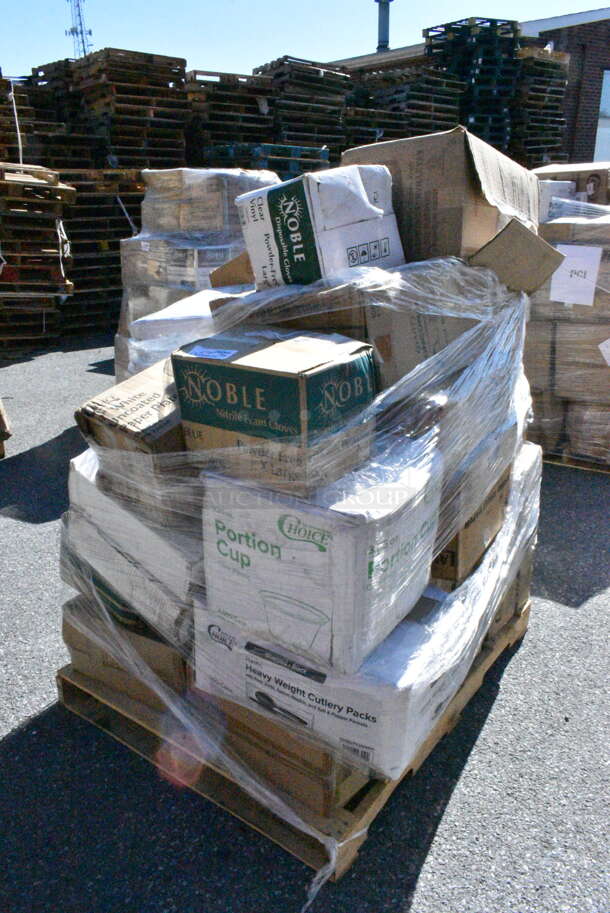 34 BRAND NEW Boxes Including 394EN504XL Noble Products Powder-Free Disposable Blue Exam Grade Nitrile 4 Mil Thick Textured Gloves - Extra Large - 1000/Case, 4339BULK Choice 9" White Uncoated Paper Plate - 1000/Case, 394365L Noble Products Powder-Free Disposable Clear Vinyl Gloves for Foodservice - Large - 1000/Case, 130BKSSPOONH Choice Black Heavy Weight Plastic Soup Spoon - 1000/Case, 760SOUP8WPL Choice 8 oz. White Double Poly-Coated Paper Food Cup with Vented Plastic Lid - 250/Case, 129MCS28B Choice 28 oz. Black Rectangular Microwavable Heavy Weight Container with Lid 8 3/4" x 6 1/4" x 1 3/4" - 150/Case, 395TO961 EcoChoice 9" x 6" x 3" Compostable Sugarcane / Bagasse 1 Compartment Take-Out Container - 200/Case, 2 Box 394365XL Noble Products Powder-Free Disposable Clear Vinyl Gloves for Foodservice - Extra Large - 1000/Case, 5012433M1 Lavex Li'l Herc 12-16 Gallon 0.9 Mil 24" x 32" Low Density Medium-Duty Black Can Liner / Trash Bag - 250/Case, 186CVBZ310 VacPak-It 6" x 10" Chamber Vacuum Packaging Bags with Zipper 3 Mil - 1000/Case, Solo 626TS Clear Flat Lid with Straw Slot - 1000/Case, 500TW5 Choice 5 oz. Translucent Thin Wall Plastic Cold Cup - 2500/Case. 34 Times Your Bid! - Image 1 of 12