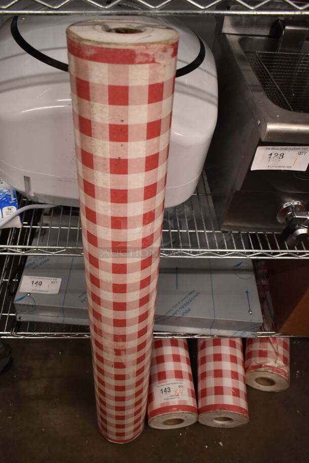 Lot of 4 BRAND NEW SCRATCH AND DENT! 593TCRED300 40" x 300' Paper Table Cover with Red Gingham Pattern - Image 3 of 5