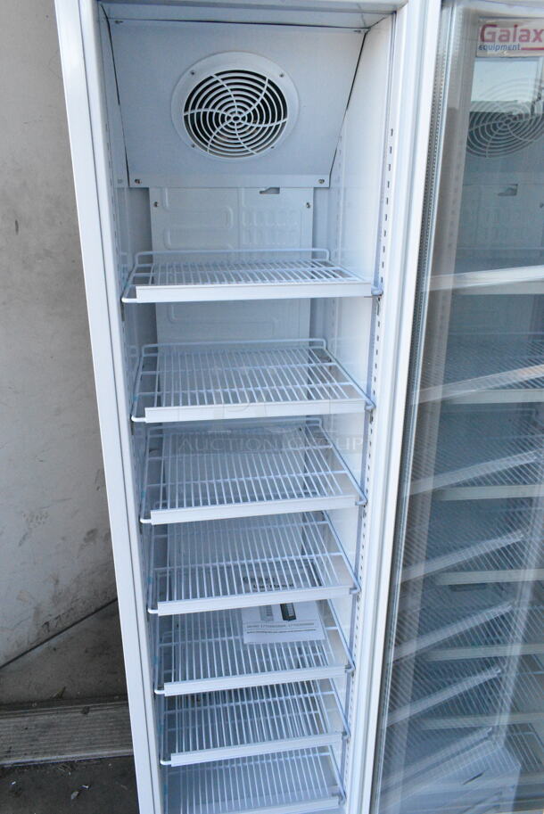 BRAND NEW SCRATCH AND DENT! Galaxy 177GDN5RBW Metal Commercial Single Door Reach In Cooler Merchandiser w/ Poly Coated Racks and Red, White, and Blue LED Lighting. 110-120 Volts, 1 Phase. Tested and Working! - Image 3 of 6