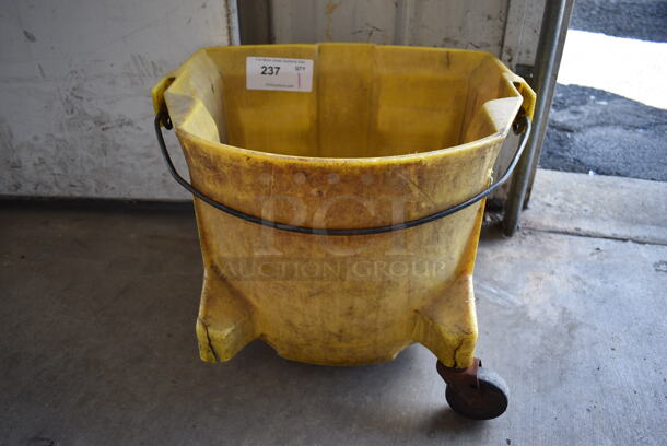 Yellow Poly Mop Bucket on Commercial Casters. Missing 1 Caster. 19x16x13