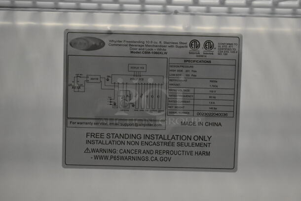 BRAND NEW SCRATCH AND DENT! Whynter CBM-1060XLW 10.6 cu. ft. Commercial Beverage Merchandiser. 115 Volts, 1 Phase. Tested and Working! - Image 7 of 7