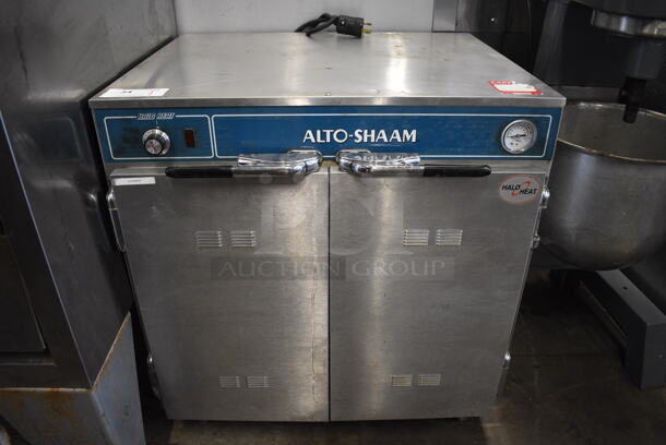 Alto Shaam Model 750-CTUS Halo Heat Stainless Steel Commercial 2 Door Undercounter Heated Holding Cabinet w/ 6 Full Size Baking Pans on Commercial Casters. 30x26x33. Cannot Test Due To Plug Style
