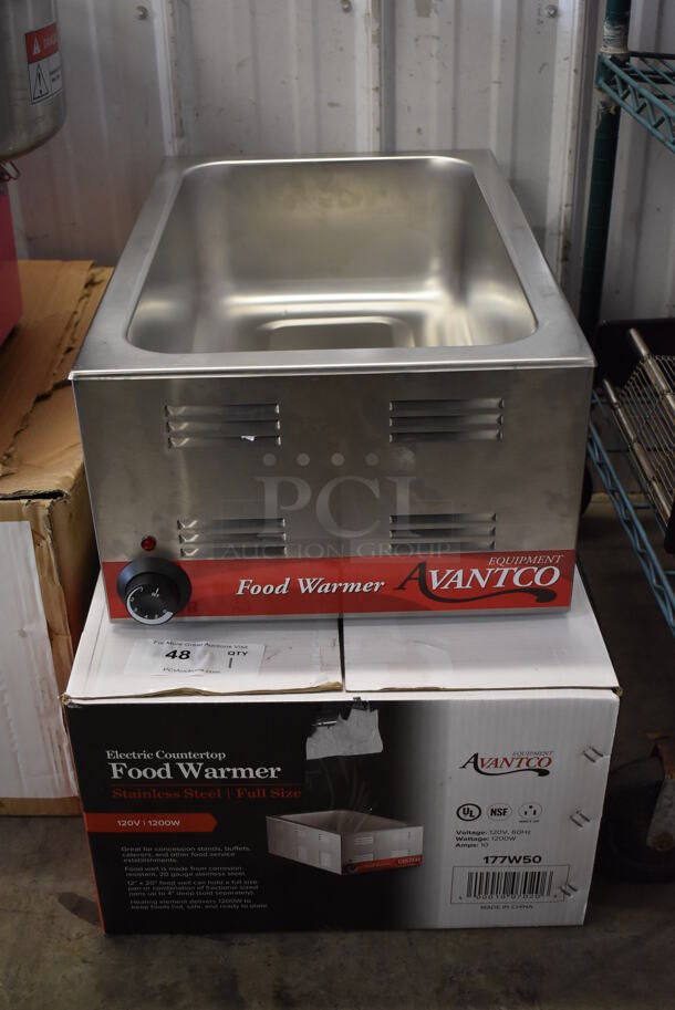 IN ORIGINAL BOX! Avantco 177W50 Stainless Steel Commercial Countertop Food Warmer. 120 Volts, 1 Phase. 14.5x23x9. Tested and Working!