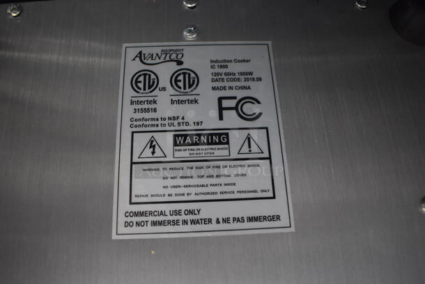 2019  Avantco IC 1800 Stainless Steel Commercial Countertop Electric Powered Single Burner Induction Range. 120 Volts, 1 Phase. 13x16x4 - Image 5 of 5
