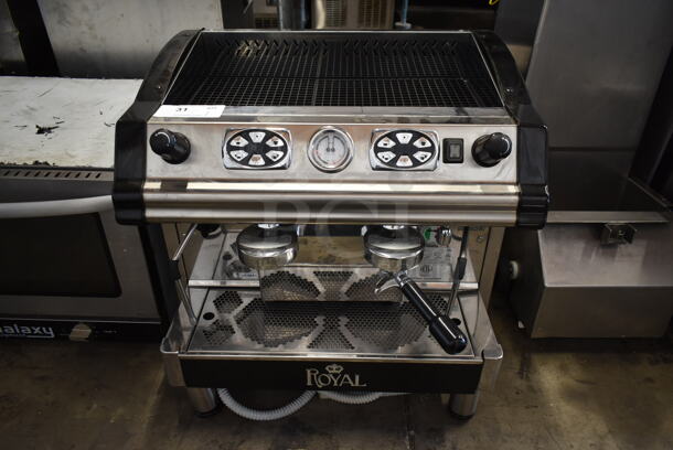 2021 Royal JG2GCE Stainless Steel Commercial Countertop 2 Group Espresso Machine w/ 2 Portafilters and 2 Steam Wands. 220 Volts, 1 Phase.  - Image 1 of 7