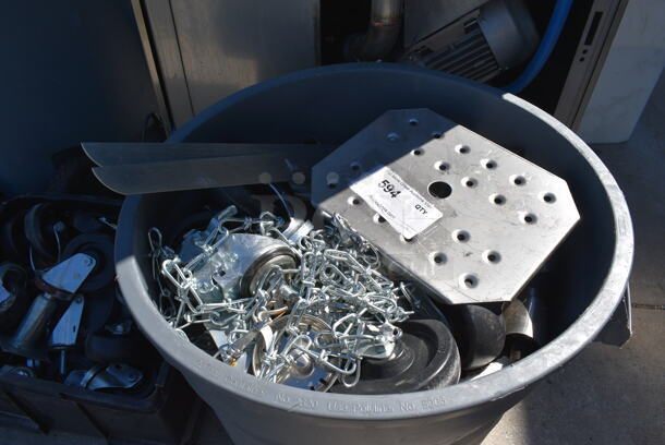 ALL ONE MONEY! Lot of Various Items Including Commercial Casters and Chain in Gray Poly Trash Can. 19x16x23 - Image 2 of 4