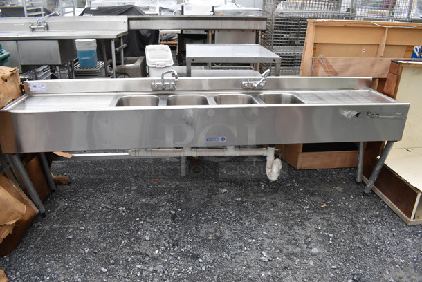 Stainless Steel Commercial 4 Bay Sink w/ Dual Drain Boards, 2 Faucets and 2 Handle Sets. 96x19x33. Bays 10x14x8