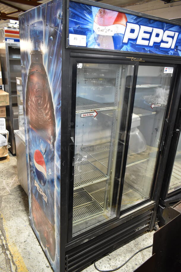 True GDM-37 Metal Commercial 2 Door Reach In Cooler Merchandiser w/ Poly Coated Racks. 115 Volts, 1 Phase. Tested and Working!