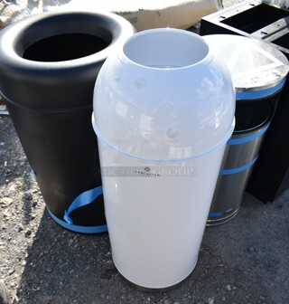 3 BRAND NEW SCRATCH AND DENT! Trash Cans Including Metal White Can, Stainless Steel Can and Black Poly Can. 3 Times Your Bid!