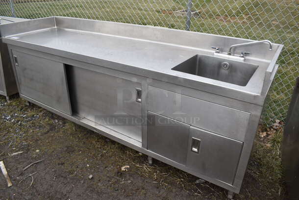 Stainless Steel Commercial Counter w/ Sink Basin, Handles, Faucet, Back Splash and Doors. 108x32x41. Bay 20x20x12