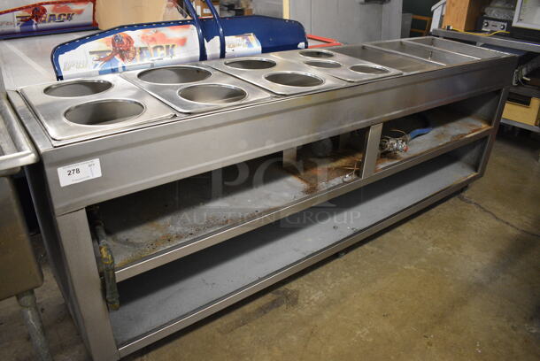 Stainless Steel Commercial Natural Gas Powered Steam Table w/ 2 Metal Under Shelves and Gas Hose. 96x23x36