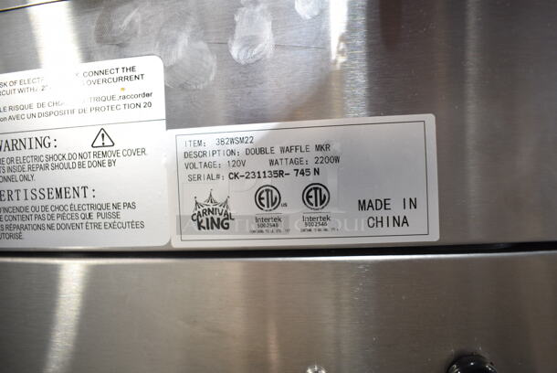 BRAND NEW SCRATCH AND DENT! 2023 Carnival King 382WSM22 Stainless Steel Commercial Countertop Double Waffle Maker. 120 Volts, 1 Phase. Tested and Working!  - Image 5 of 5