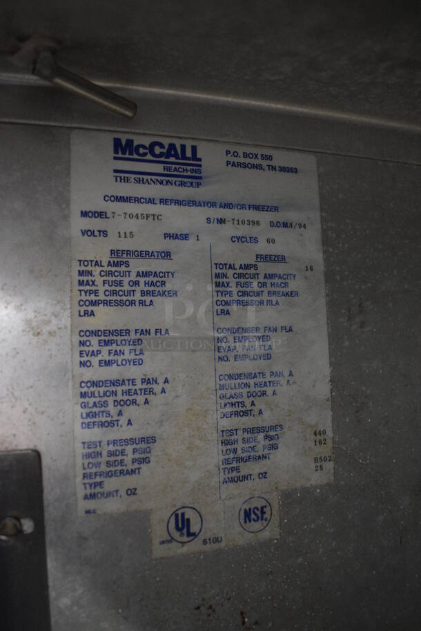 McCall Model 7-7045FTC Stainless Steel Commercial 2 Door Reach In Freezer on Commercial Casters. 115 Volts, 1 Phase. 55x35x84. Tested and Powers On But Temps at 49 Degrees - Image 5 of 7