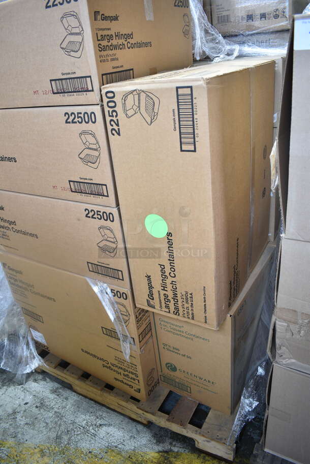 PALLET LOT of 14 BRAND NEW Boxes Including Genpak 22500 Large Hinged Sandwich Containers, Greenware 6" Square Containers, Ellipso E-504 Combo Pack 4 oz Cups and Lids. 14 Times Your Bid!  - Image 3 of 7