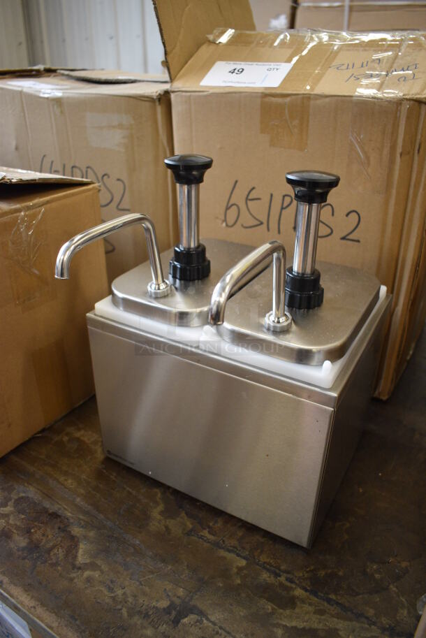 BRAND NEW! Servsense Stainless Steel Countertop Condiment Rail w/ 2 White Poly Drop Ins and 2 Pump Lids. 9.5x12x13 - Image 2 of 6
