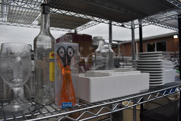 ALL ONE MONEY! Lot of Chrome Finish 4 Tier Shelving Unit on Commercial Casters w/ All Contents Including Glassware, Ceramic Plates, Metal Ice Bucket. DISMANTLE FOR SHIPPING. PLEASE CONSIDER FREIGHT CHARGES. 60x18x79 - Image 3 of 8