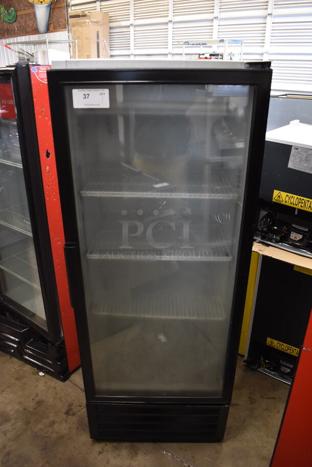 Fortune CTM-062 Commercial Stainless Steel Single Glass Door Merchandiser Cooler With Black Trim And Polycoated Shelves. 110-120V. Tested and Powers On But Does Not Get Cold