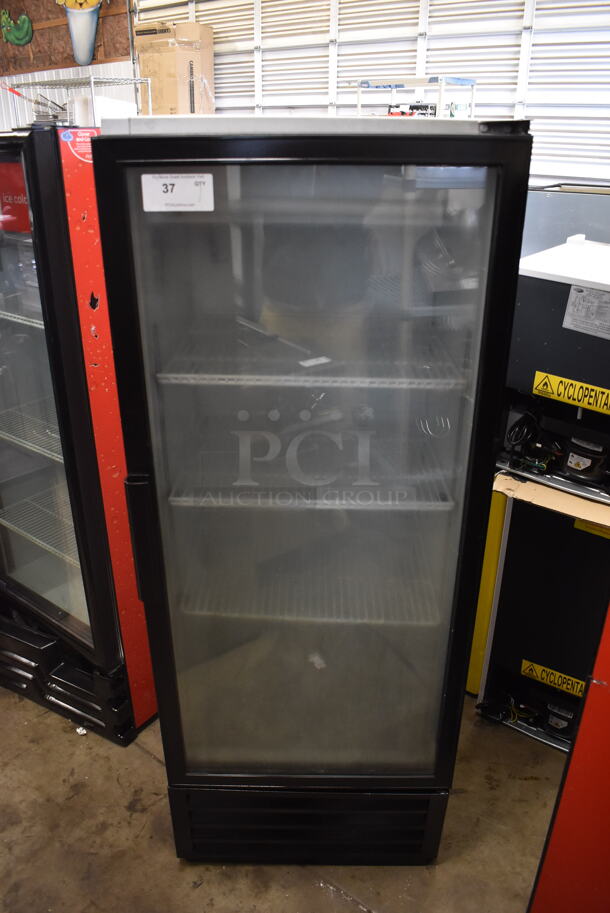 Fortune CTM-062 Commercial Stainless Steel Single Glass Door Merchandiser Cooler With Black Trim And Polycoated Shelves. 110-120V. Tested and Powers On But Does Not Get Cold - Image 1 of 5