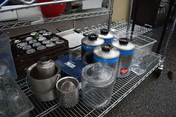 ALL ONE MONEY! Lot of Chrome Finish 4 Tier Shelving Unit on Commercial Casters w/ All Contents Including Glassware, Ceramic Plates, Metal Ice Bucket. DISMANTLE FOR SHIPPING. PLEASE CONSIDER FREIGHT CHARGES. 60x18x79 - Image 7 of 8