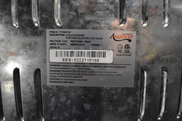 LIKE NEW! Avantco 177EBS102 Stainless Steel Countertop Double Burner Solid Top Portable Electric Hot Plate Range. 120 Volts, 1 Phase. Unit Has Only Been Used a Few Times! 21x9x4. Tested and Working! - Image 5 of 7