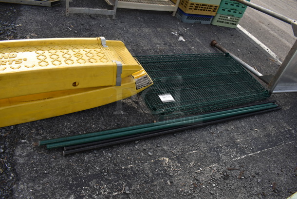 ALL ONE MONEY! Lot of 2 Green Finish Wire Shelves and 6 Poles. 48x24x1.5 - Image 4 of 5