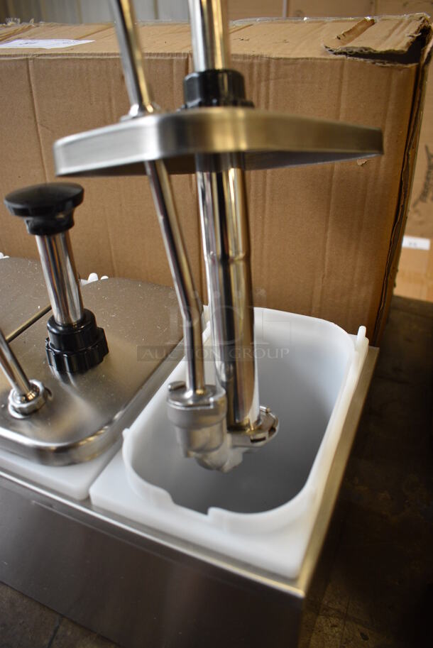 BRAND NEW! Servsense Stainless Steel Countertop Condiment Rail w/ 4 White Poly Drop Ins and 4 Pump Lids. 18.5x12x13 - Image 4 of 4