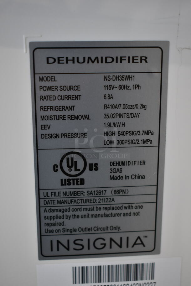 BRAND NEW SCRATCH AND DENT! Insignia NS-DH35WH1 35-Pint Dehumidifier. 115 Volts, 1 Phase. Tested and Working! - Image 5 of 5