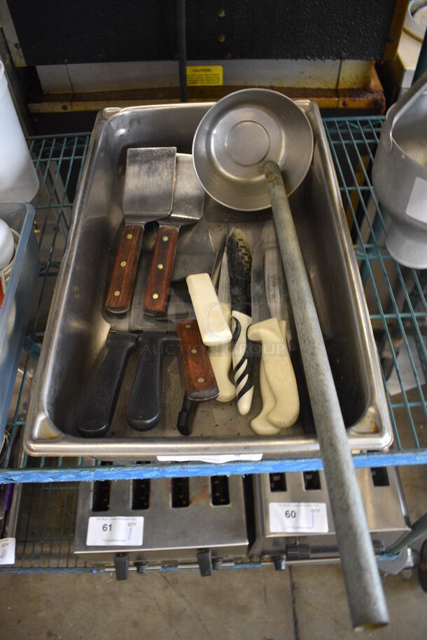ALL ONE MONEY! Lot of Various Utensils Including Knives, Spatula and Ladle in Stainless Steel Full Size Drop In Bin!