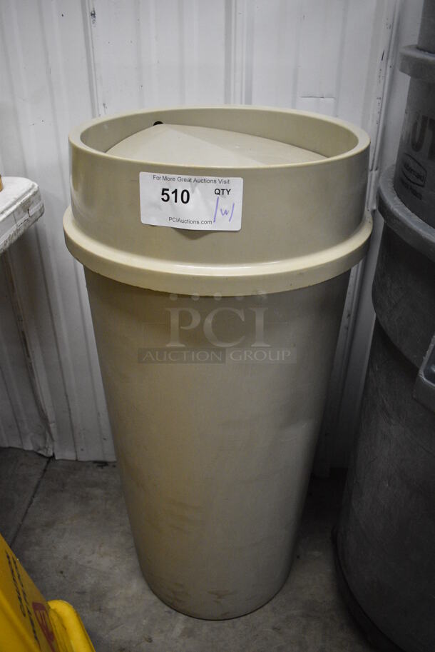 Tan Poly Trash Can w/ Lid. 16x16x34.5