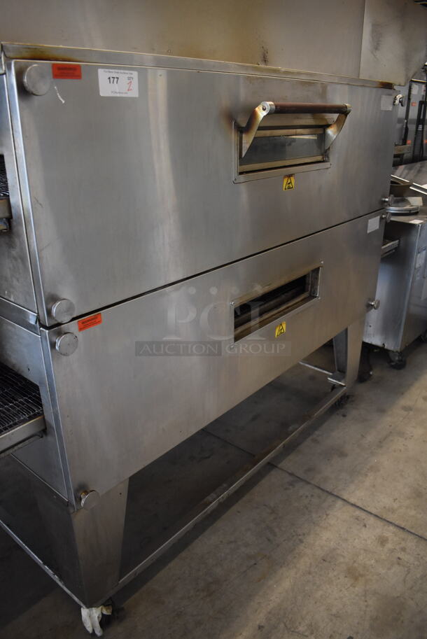 2 XLT 3270 Stainless Steel Commercial Natural Gas Powered Conveyor Pizza Oven on Commercial Casters. Comes w/ Hood / Vent. 180,000 BTU. 113x53x63, 99x37x22. 2 Times Your Bid! Picture of the Unit Before Removal Is Included In the Listing. - Image 5 of 12