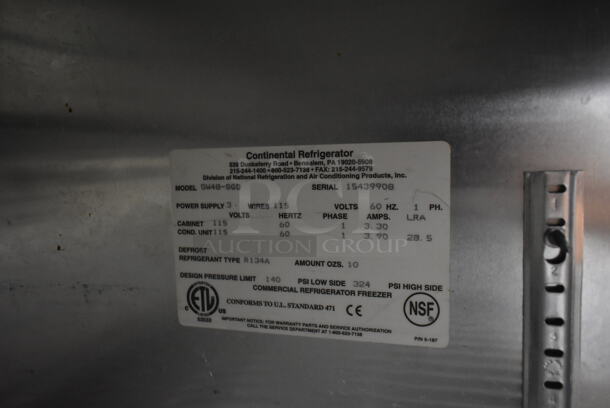 Continental SW48-SGD Stainless Steel Commercial 2 Door Cooler Merchandiser. 115 Volts, 1 Phase. Tested and Powers On But Does Not Get Cold - Image 5 of 7