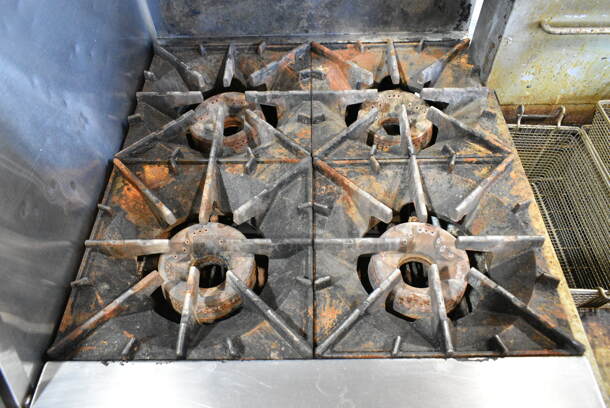 Radiance Stainless Steel Commercial Gas Powered 4 Burner Range w/ Oven, Over Shelf and Back Splash.  - Image 2 of 7