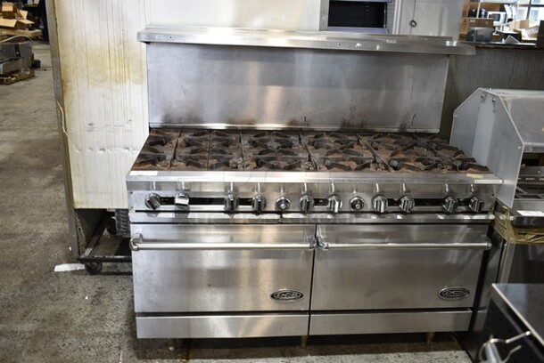 Dynamic Cooking Systems DCS 60-10-2N Stainless Steel Commercial Natural Gas Powered 10 Burner Range w/ 2 Ovens, Over Shelf and Back Splash.  - Image 2 of 6