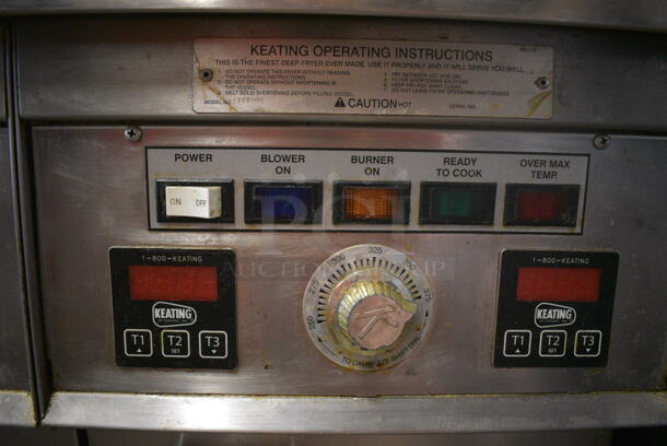 Keating Model 14TFMRI Stainless Steel Commercial Floor Style Natural Gas Powered 3 Bay Instant Recovery Deep Fat Fryer w/ Filtration System and 6 Metal Fry Baskets on Commercial Casters. 46x31.5x55 - Image 4 of 12
