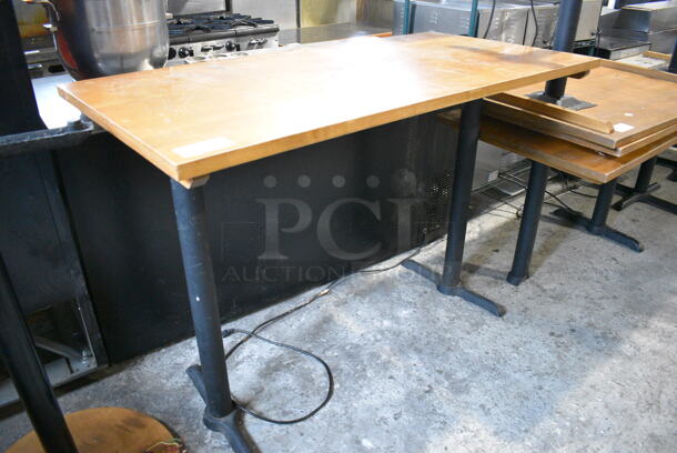 Wooden Tabletop on 2 Black Metal Bar Height Table Bases. 60x30x42