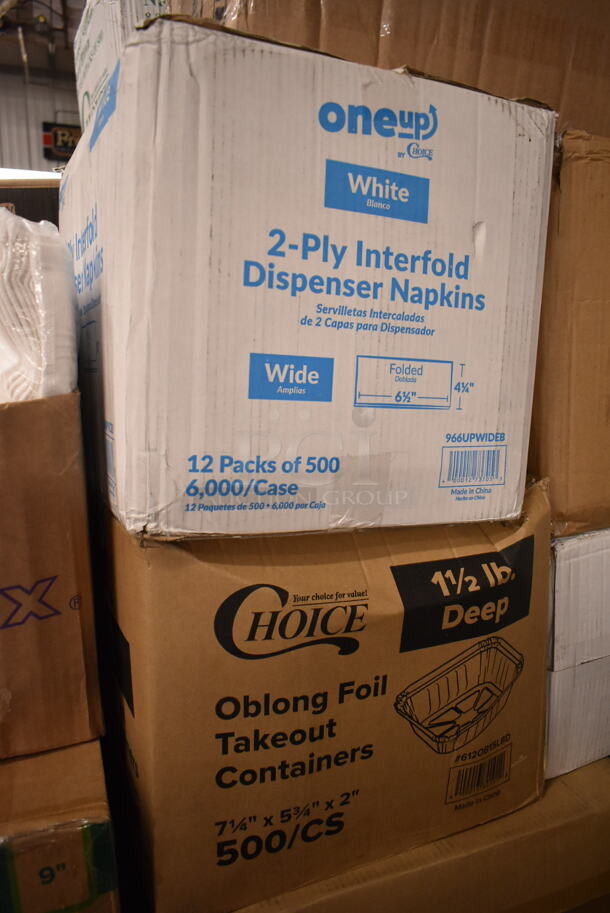 PALLET LOT of 35 BRAND NEW Boxes Including 795PTOKFT2 Choice 7 3/4" x 5 1/2" x 2" Kraft Microwavable Folded Paper #2 Take-Out Container - 200/Case, 5 Box 395RP09 EcoChoice Compostable Sugarcane, 966TALLFLDN Choice Kraft Natural Tall-Fold 6" x 13" Dispenser Napkin - 8000/Case, 612OB15LBD Choice 1.5 lb. Oblong Deep Foil Take-Out Container - 500/Case, 347RPBD10WHS PLATE 10" WH/SLV BAND 120 SILVER VISIONS, 130CLKFSNSPH Visions 10" White Plastic Plate with Silver Bands - 120/Case, 500TW7 Choice 7 oz. Translucent Thin Wall Plastic Cold Cup - 2500/Case, 5002DNAP Choice White 2-Ply Dinner Napkin 17" x 15" - 3000/Case, 2 Box 394365L Noble Products Powder-Free Disposable Clear Vinyl Gloves for Foodservice - Large - 1000/Case. 35 Times Your Bid! - Image 8 of 12