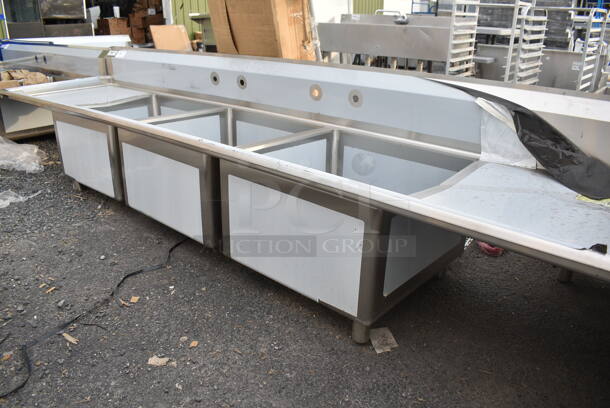 BRAND NEW SCRATCH AND DENT! Regency 600S32424224 Stainless Steel 87" 2 Bay Sink w/ Dual Drain Boards. Bays 24x24x13. Drain Boards 16.5x25.5  - Image 3 of 10