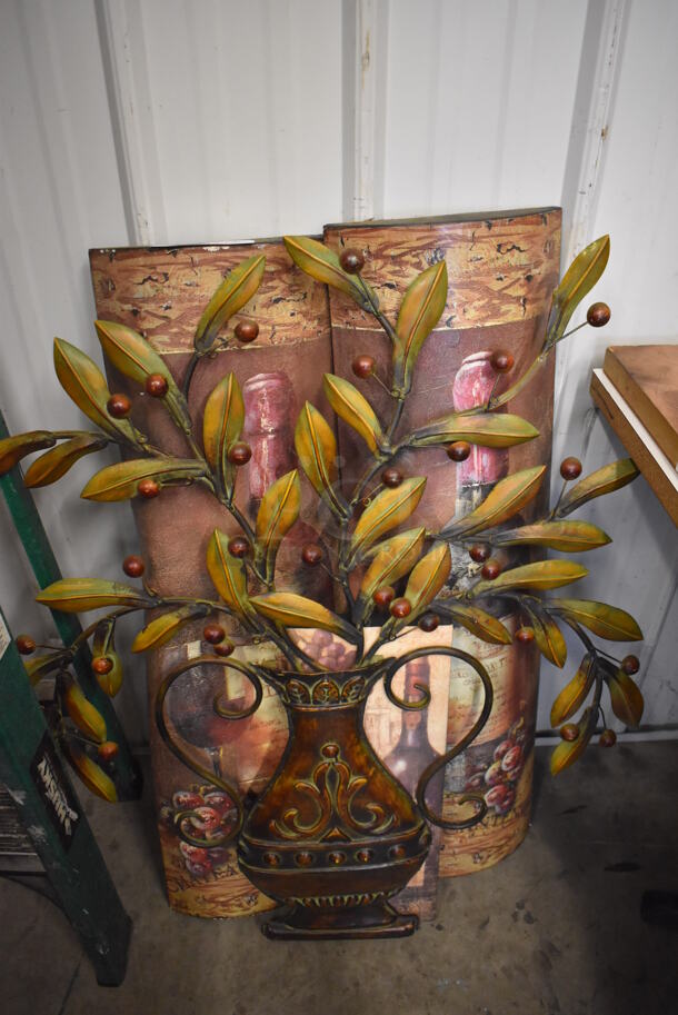 ALL ONE MONEY! Lot of 4 Decorative Items; Metal Leaves in Vase and 3 Pictures. includes 31x2x36