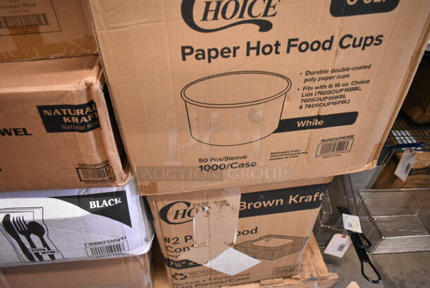 PALLET LOT of 20 BRAND NEW Boxes Including Tuxton BPM-135L 13.5 oz. Porcelain White Newport China Mug - 36/Case, Tuxton ALF-0303 Alaska 3 oz. Stackable Bright White China Espresso Cup - 36/Case, 127P150C Choice 1.5 oz. Clear Plastic Souffle Cup / Portion Cup - 2500/Case, 5002CPTENAT Lavex 2-Ply Natural Kraft Center Pull Paper Towel 510' Roll - 6/Case, 130BKFSNSPH Visions Wrapped Black Heavy Weight Cutlery Pack with Knife, Fork, Spoon, Napkin S&P  - 500/case, 2 Box 130HBKCUTFW Visions Individually Wrapped Black Heavy Weight Plastic Fork - 1000/Case, 760SOUP6WB Choice 6 oz. White Double Poly-Coated Paper Food Cup - 1000/Case, 795PTOKFTW3 Choice 8 1/2" x 6" x 2 1/2" Kraft Folded Paper #3 Take-Out Container with Window - 160/Case. 20 Times Your Bid! - Image 8 of 10