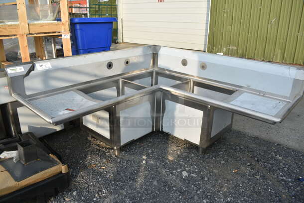 BRAND NEW SCRATCH AND DENT! Regency 600S3181818C Stainless Steel Commercial 3 Bay L Shaped Sink w/ Dual Drain Board. No Legs. Bays 18x18x14. Drain Boards 16x19.5 - Image 3 of 10