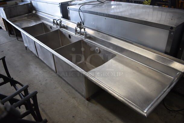 Stainless Steel Commercial 3 Bay Sink w/ Dual Drainboards, 2 Faucets and 2 Handle Sets. Does Not Have Legs. 124x25x25.5. Bays 24x18x14. Drainboard 24x21x2 - Image 5 of 5