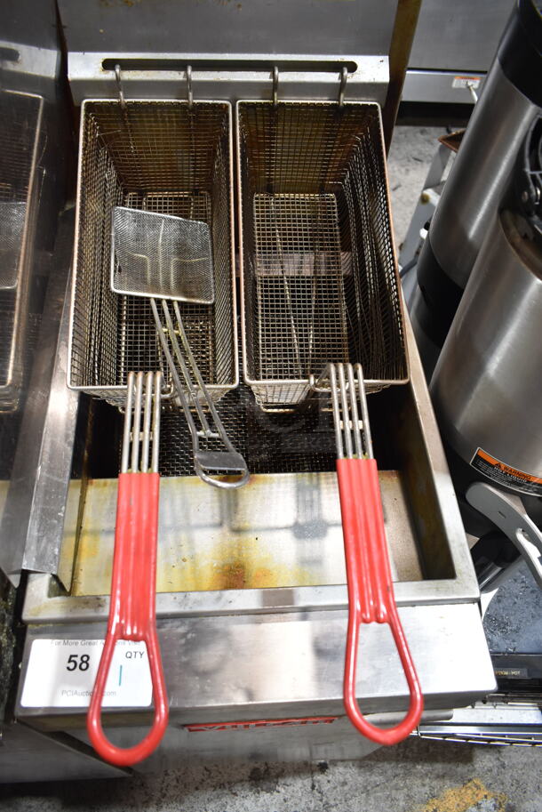 Vulcan LG300-1 Stainless Steel Commercial Floor Style Natural Gas Powered Deep Fat Fryer w/ 2 Metal Fry Baskets and Left Side Splash Guard on Commercial Casters. 90,000 BTU.  - Image 2 of 5