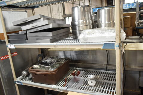 ALL ONE MONEY! Two Tier Lot of Various Items Including Stainless Steel Cylindrical Drop In Bins, Trays and Ice Scoops