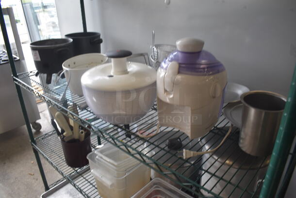 Metro Lot Including Plastic Drop In Bins, Salad Spinner, Computer, Cooking Utensils, Cutting Boards, Airpots and Much More! Metro Shelf Not Included.  - Image 4 of 6