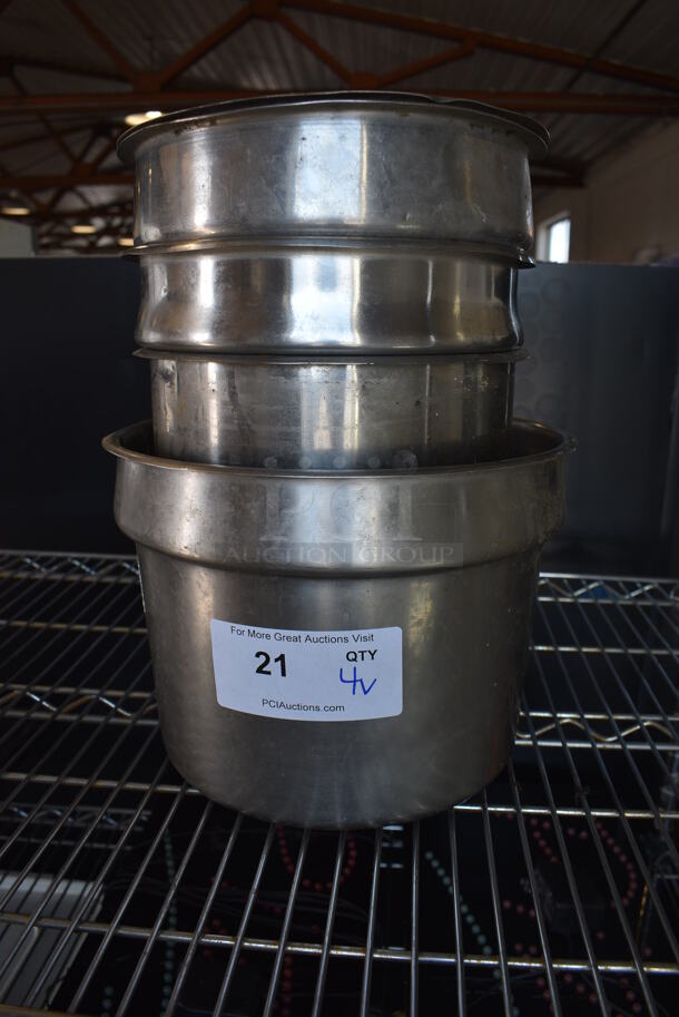 4 Various Stainless Steel Cylindrical Drop In Bins w/ 1 Lid. Includes 9.5x9.5x8. 4 Times Your Bid!