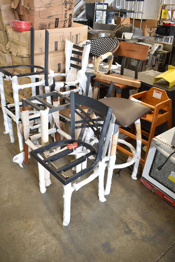 10 BRAND NEW SCRATCH AND DENT! Lancaster Table & Seating Dining Height Chair Frames, Bar Height Chair Frames and Wooden High Chair. Includes 164BCROSSBTP, 164BCROSBSFR, 164HIGHCWN. 10 Times Your Bid! - Image 1 of 12