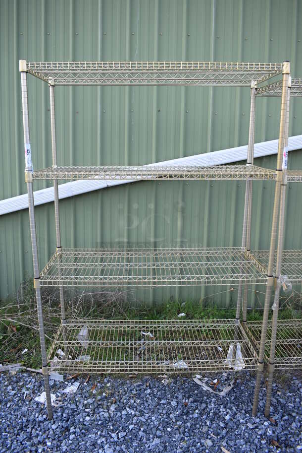 Gold Finish 4 Tier Wire Shelving Unit. BUYER MUST DISMANTLE. PCI CANNOT DISMANTLE FOR SHIPPING. PLEASE CONSIDER FREIGHT CHARGES. 48x21x75 - Image 1 of 3