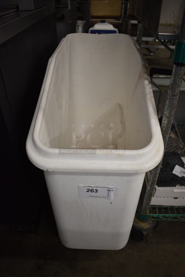 White Poly Ingredient Bin w/ Half Lid on Commercial Casters. 13x29x28
